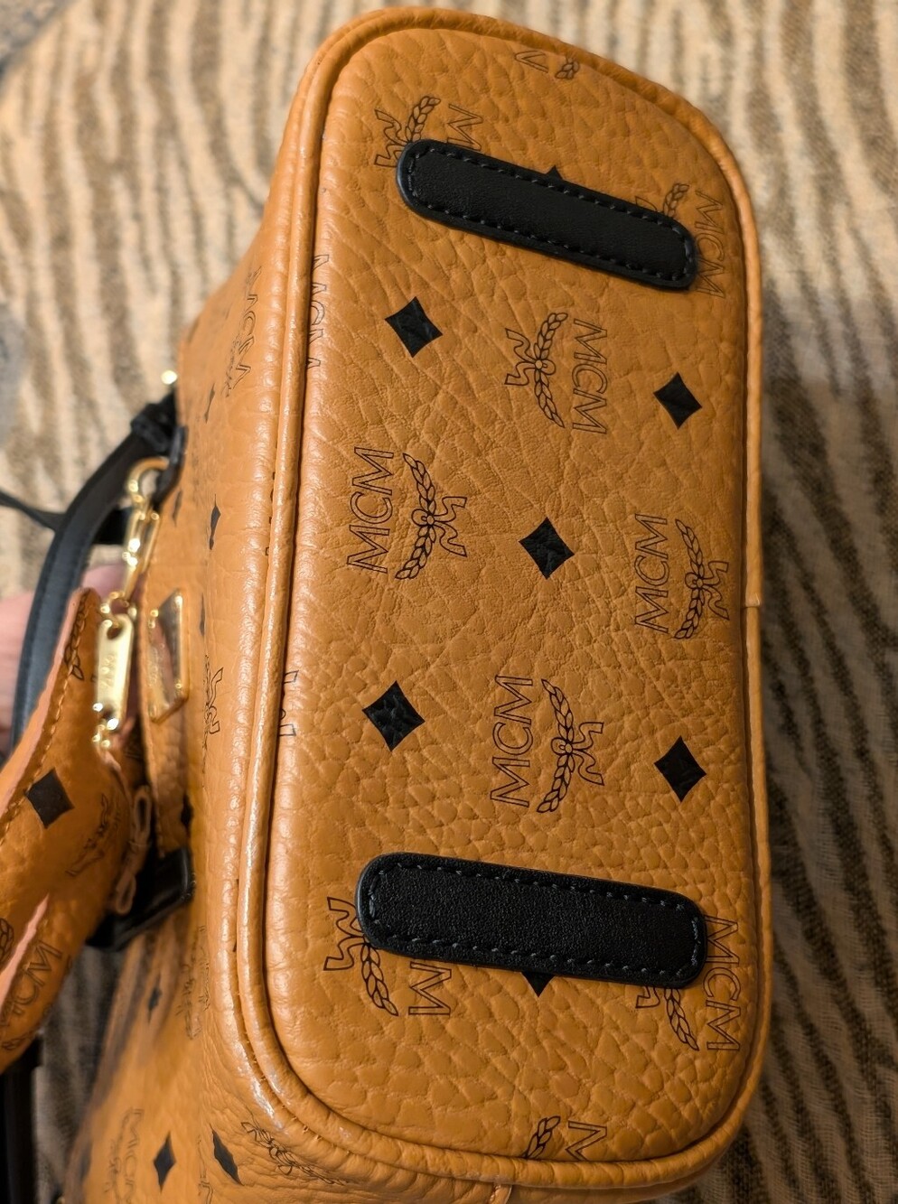 MCM Visetos Cognac Leather Mini Tote with Black Trim And Adorable Doggie Charm! - Picture 8 of 15